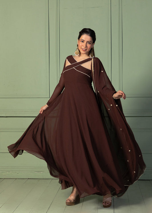 Chocolate Brown Bandage Anarkali with Dupatta